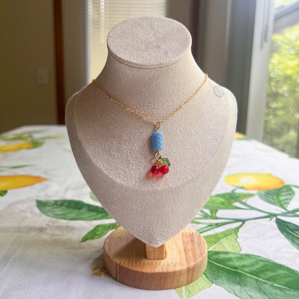 Cherry Necklace, Unique Czech Glass Blue Quilt Cottagecore Casual Fun Necklace